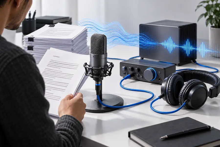 Prepared text beside an AI voice workflow